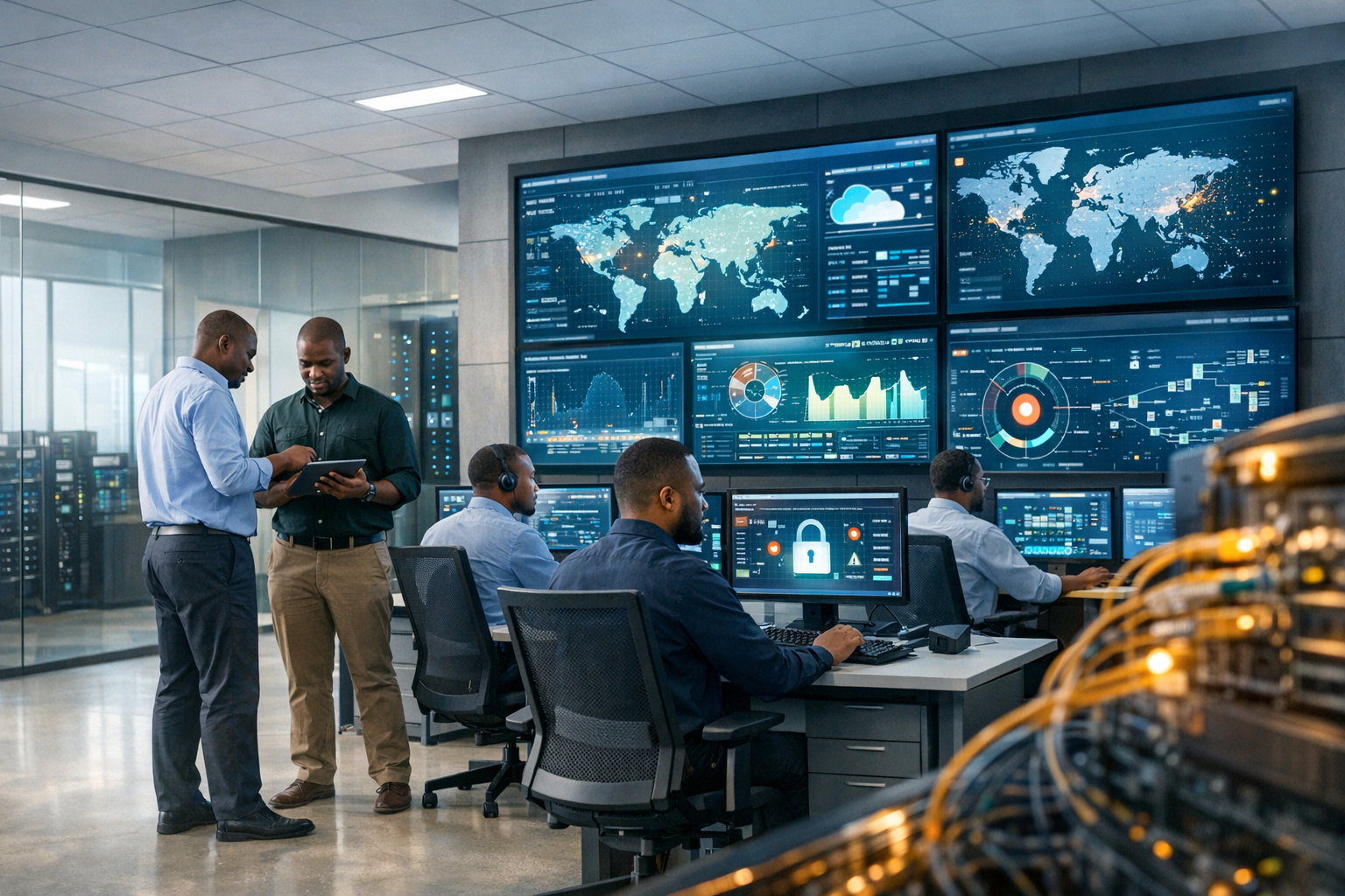 Modern ICT operations center with network monitoring screens